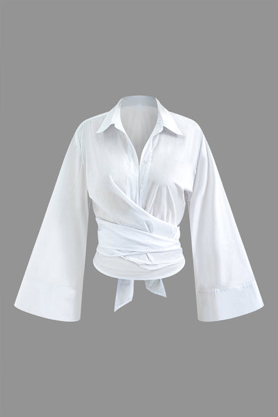 White Embrace Kuşaklı Geniş Kollu Gömlek Bluz