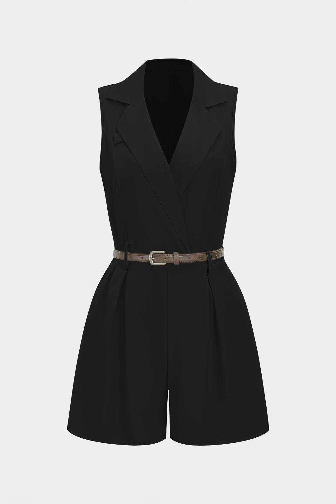 V-Neck Belted Pleated Sleeveless Romper