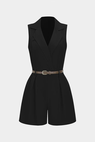 V-Neck Belted Pleated Sleeveless Romper