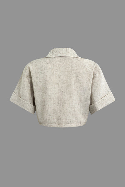 Sage Texture Kruvaze Yaka Keten Görünümlü Crop Gömlek