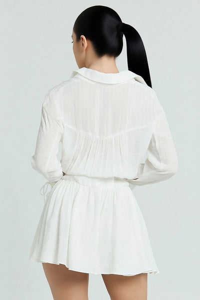 Button Ruched V-Neck Long Sleeve Mini Dress