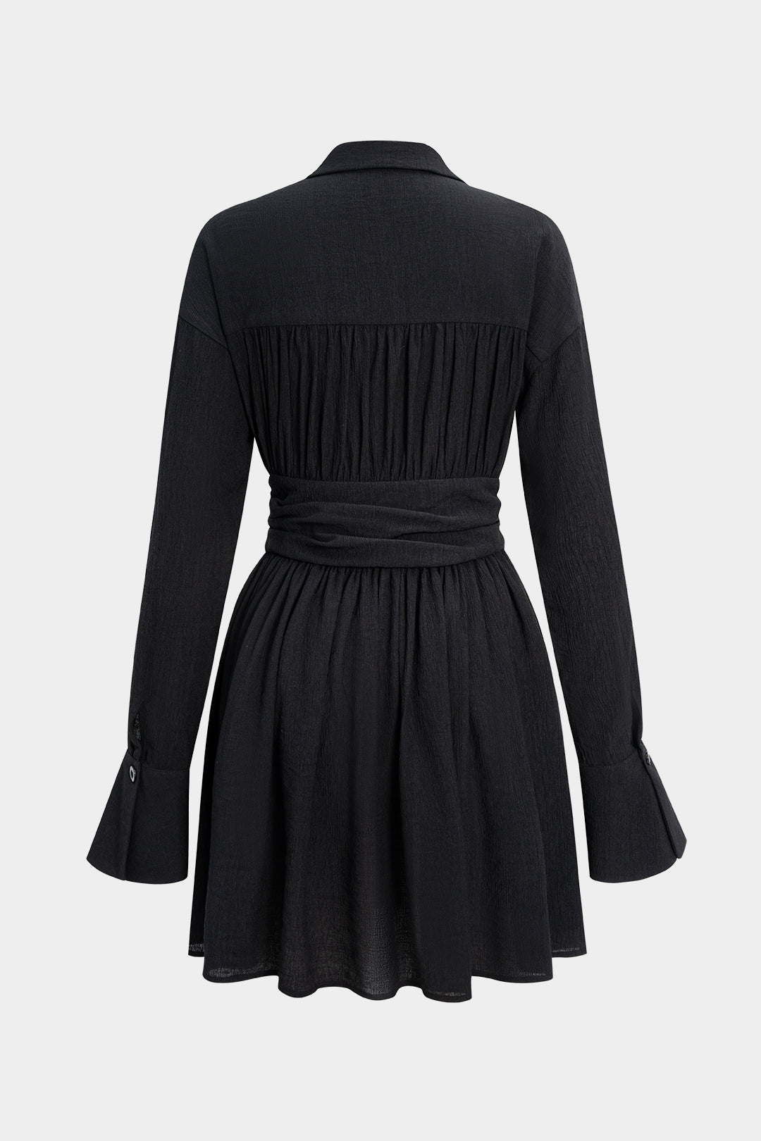 Button Ruched V-Neck Long Sleeve Mini Dress