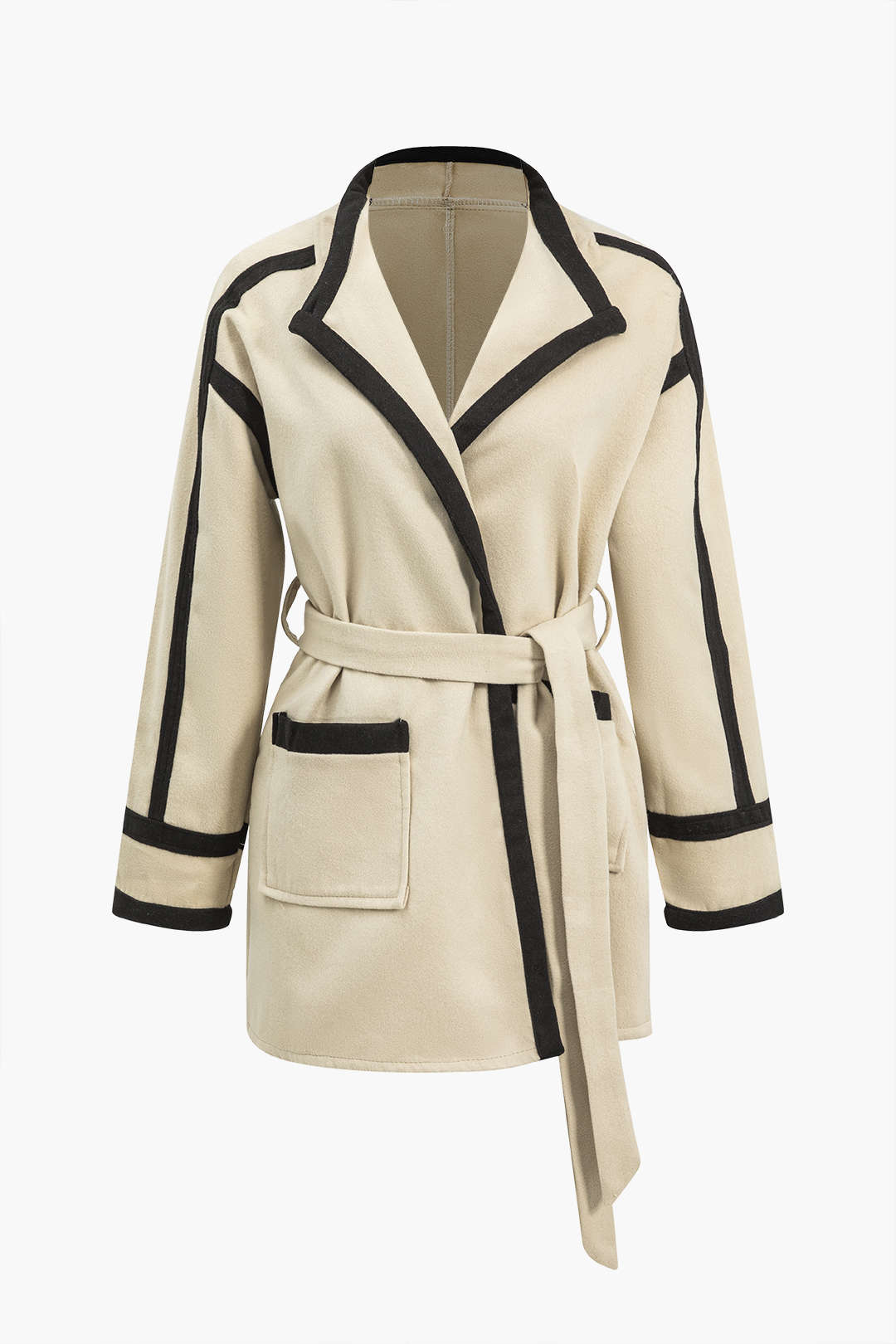 Contrast Belted Modern Kaşe Kaban