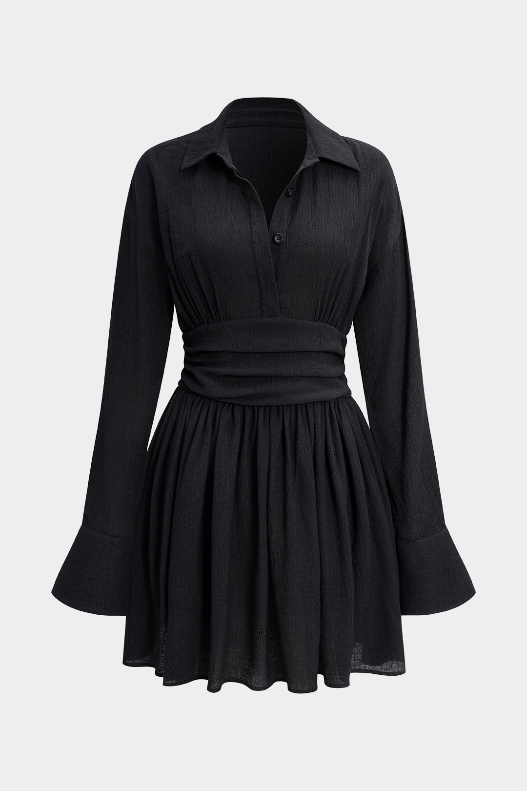 Button Ruched V-Neck Long Sleeve Mini Dress