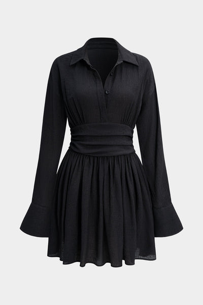 Button Ruched V-Neck Long Sleeve Mini Dress