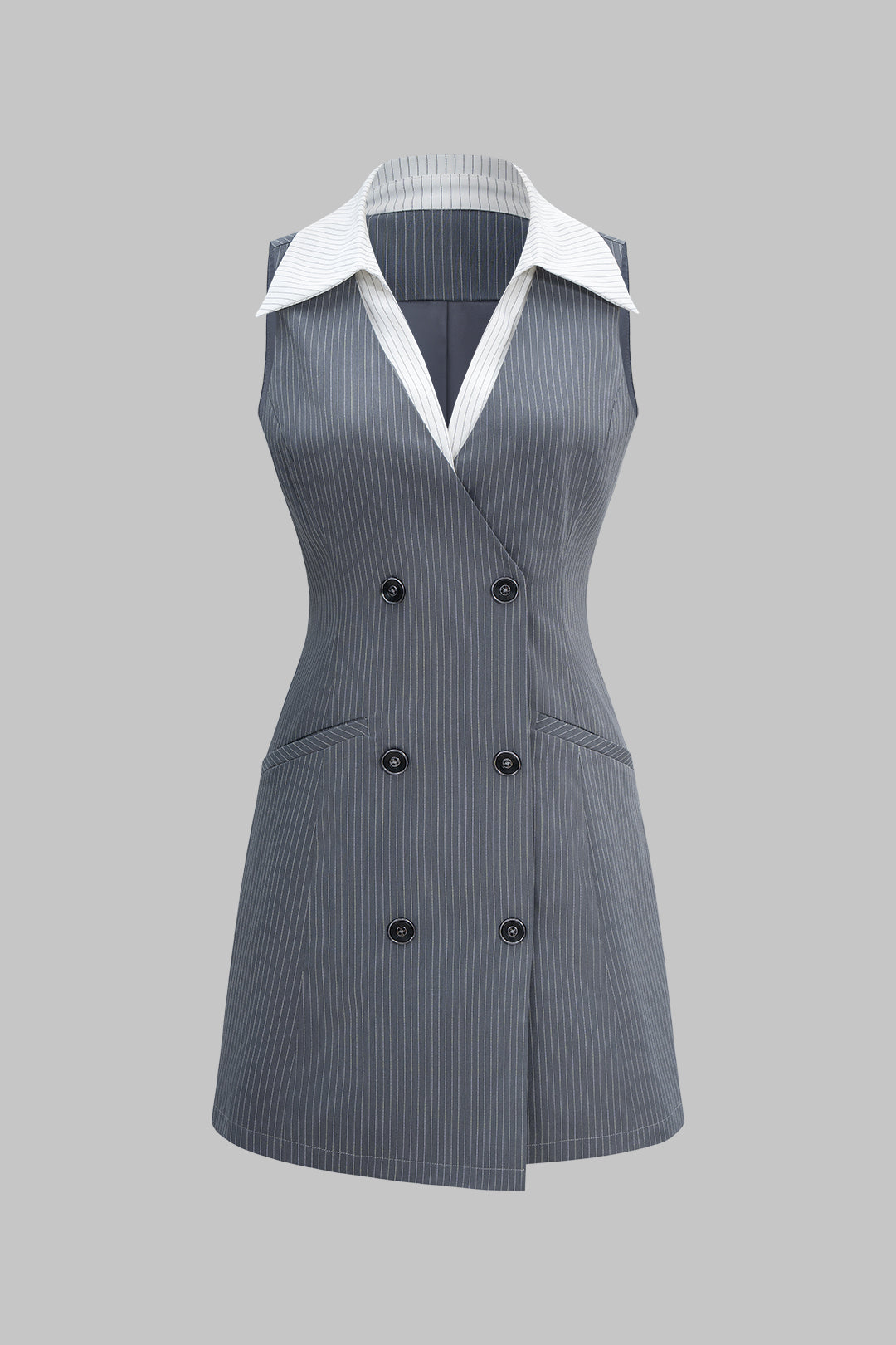 Vestido mini sin mangas con cuello en V, botones y solapa con estampado de rayas 