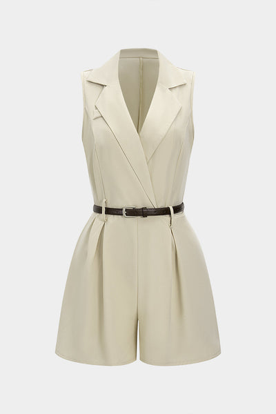 V-Neck Belted Pleated Sleeveless Romper