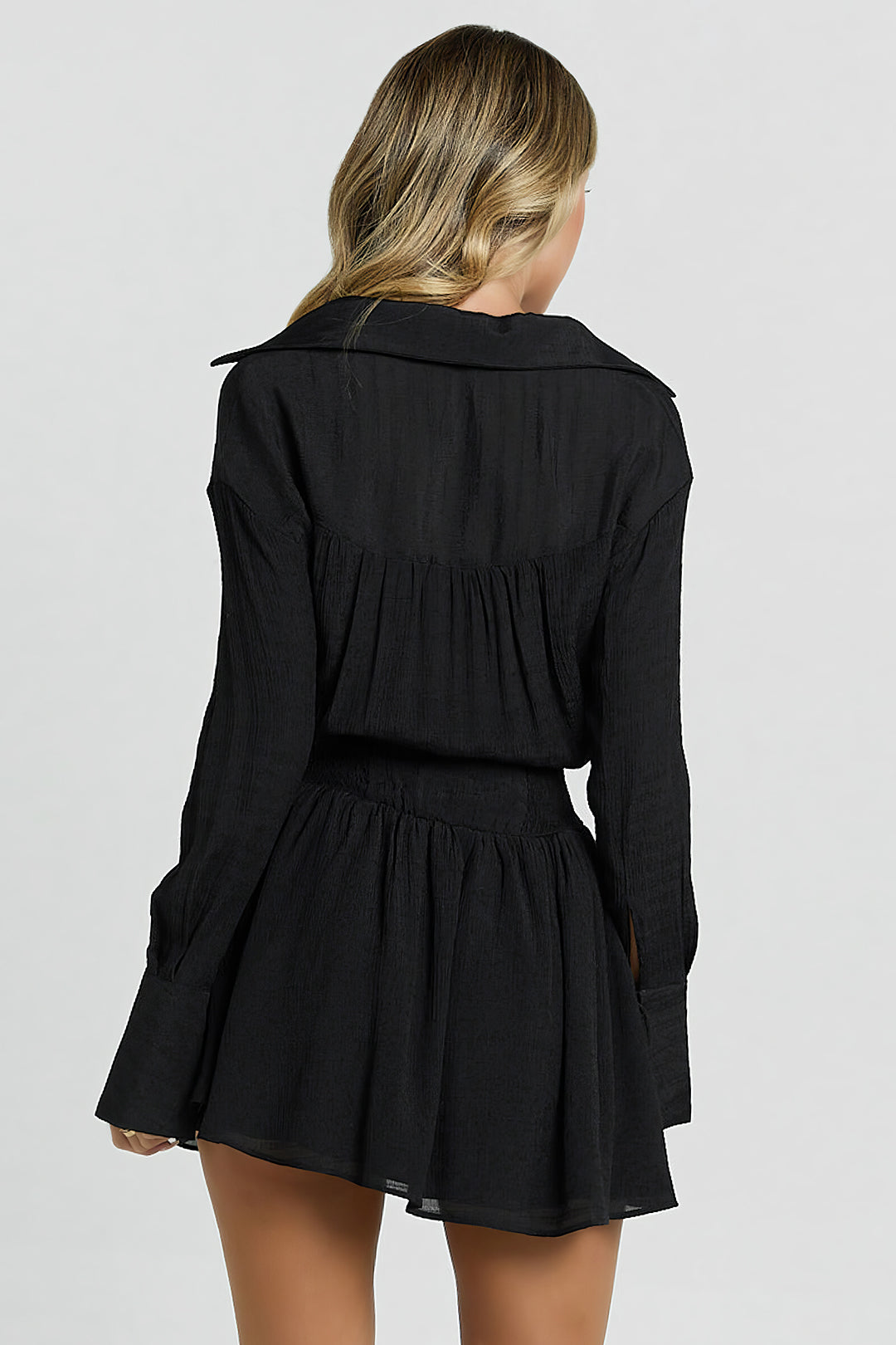 Button Ruched V-Neck Long Sleeve Mini Dress