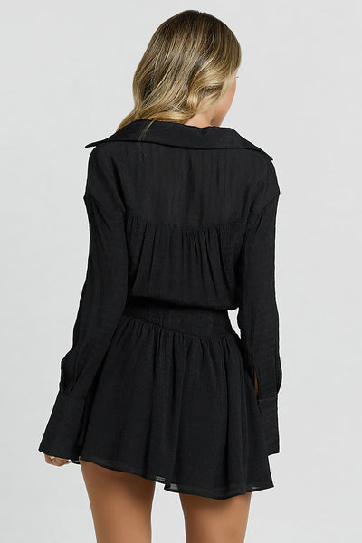 Button Ruched V-Neck Long Sleeve Mini Dress